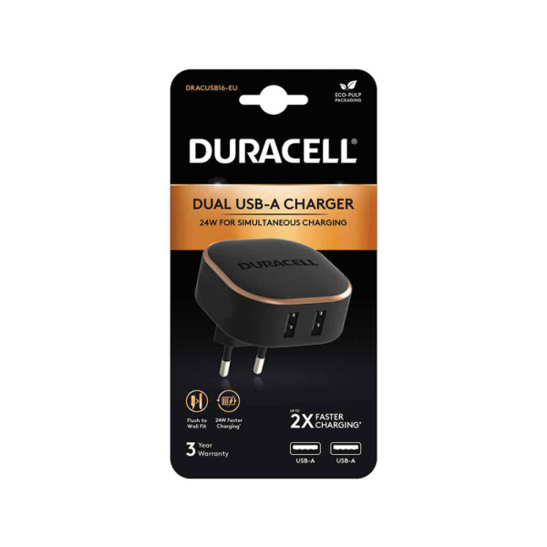 Универсальное зарядное устройство Duracell DRACUSB16-EU 24W 2хUSB-A Черный