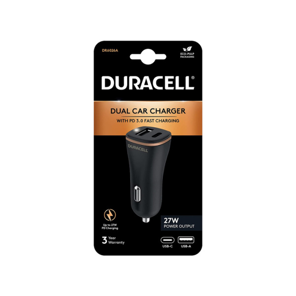 Автомобильное зарядное устройство Duracell DR6026A 27W PD USB-A & USB-C Черный
