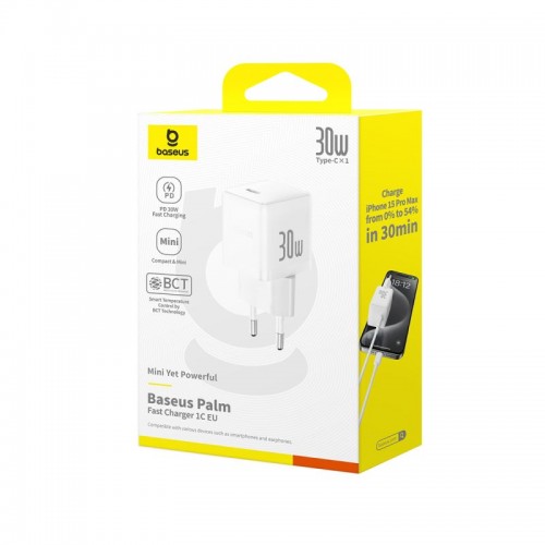 Адаптер питания Baseus Palm 1C 30W White ( в комлпекте кабель Type-c ) (P10111605213-01)
